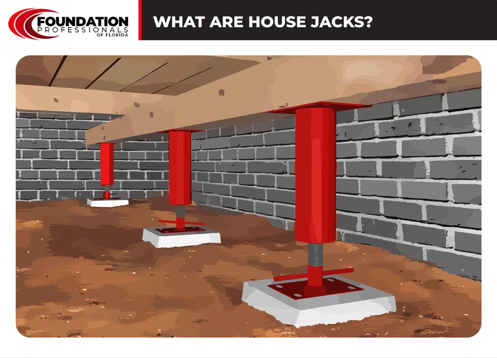 In foundation repair, house jacks (also known as screw jacks) refer to a specific tool that supports and stabilizes weakened crawl spaces.